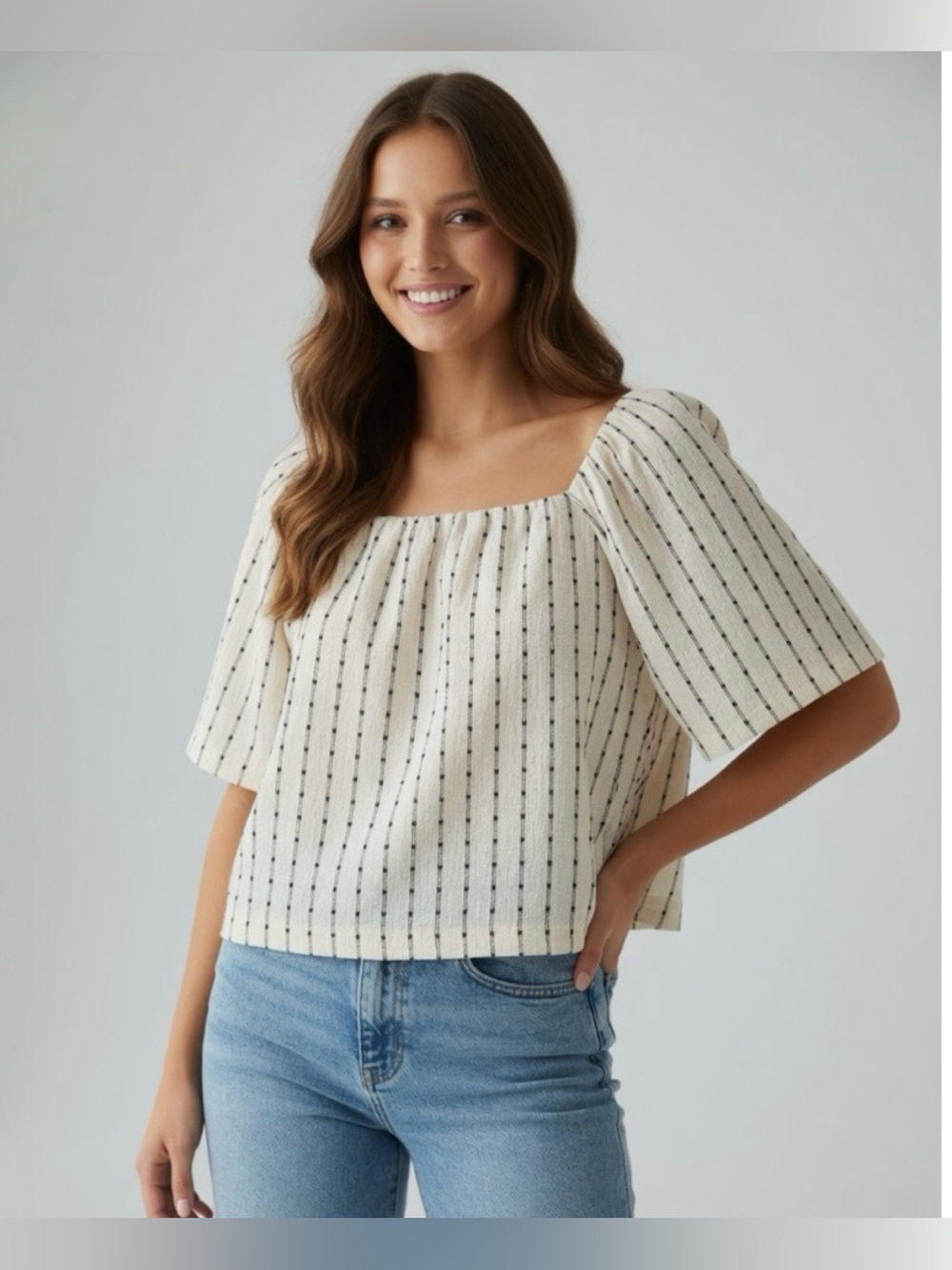 “Loft” - Cream with Black Dot Stripes Flutter Sleeve Top / Size Large
